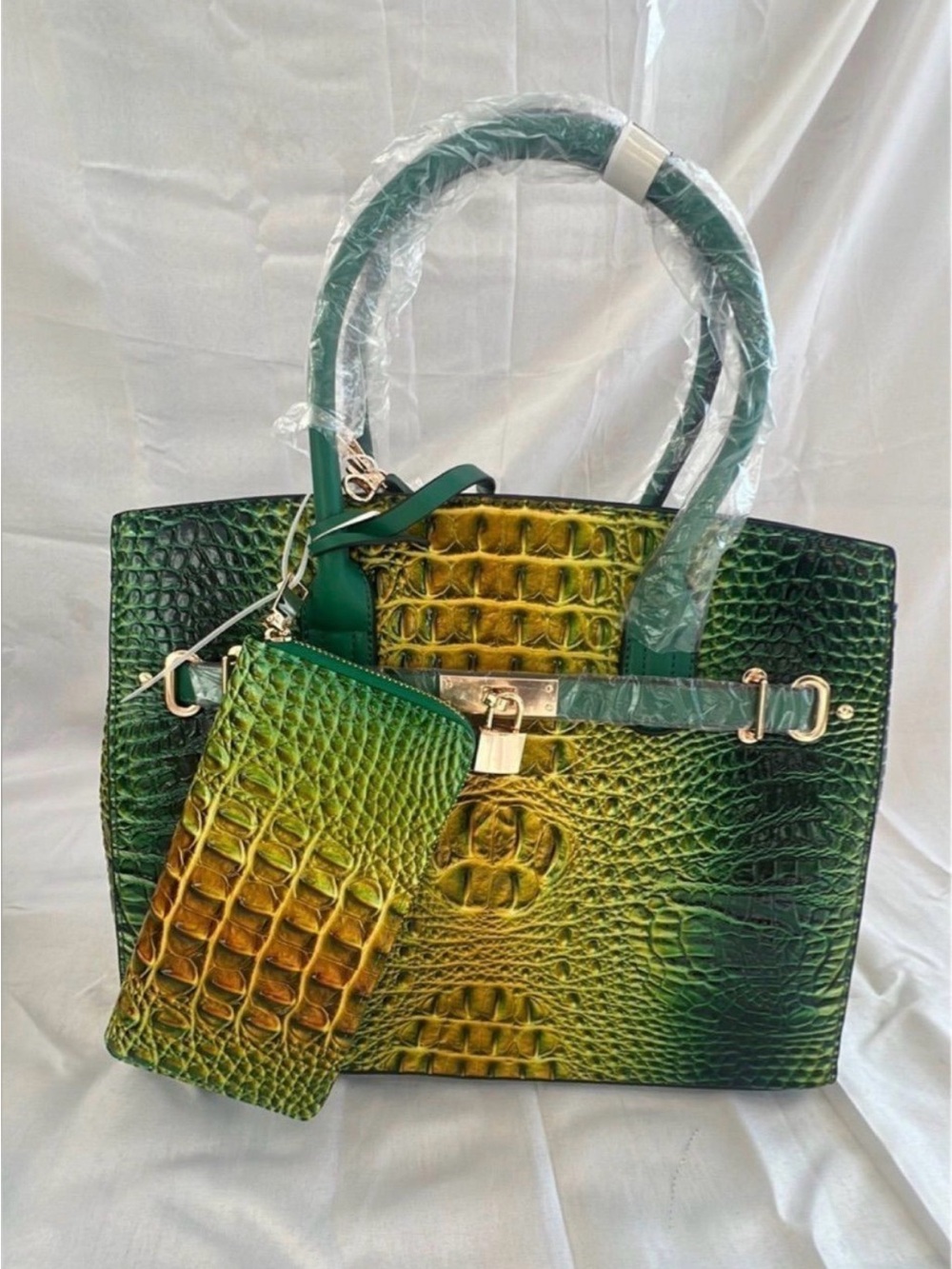 Green Gradient Croc-Embossed Top Handle Satchel